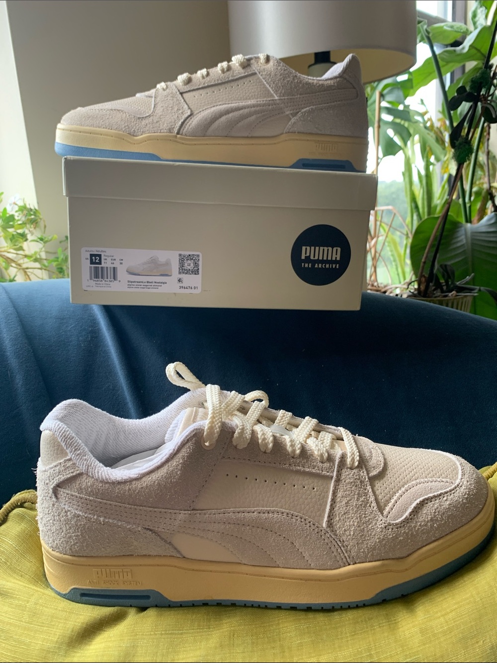 Puma Slipstream Lo Top Beige Suede Sneakers w/ Yellow Midsole/Blue Outsole -12
